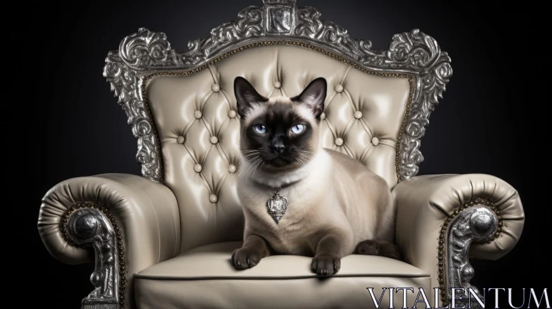 Luxurious Siamese Cat on Armchair - Regal Blue-Eyed Feline AI Image