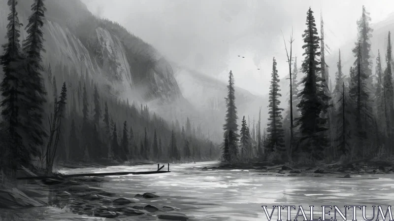 Serene Black and White Landscape Painting of a Mountain Lake AI Image