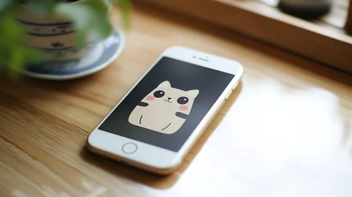 White Smartphone on Wooden Surface with Cat Illustration