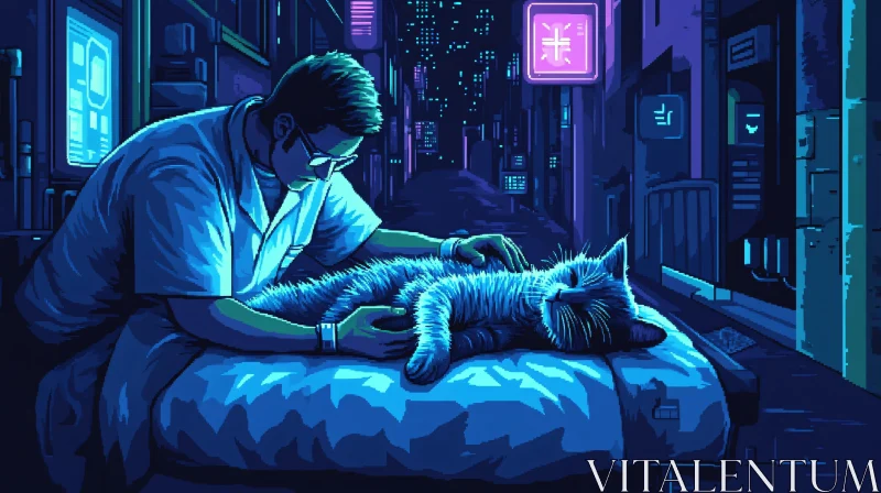 Neon Alley Scene with Man and Cat AI Image