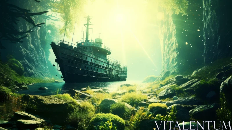 Ancient Ship in Forest - A Captivating Post-Apocalyptic Scene AI Image