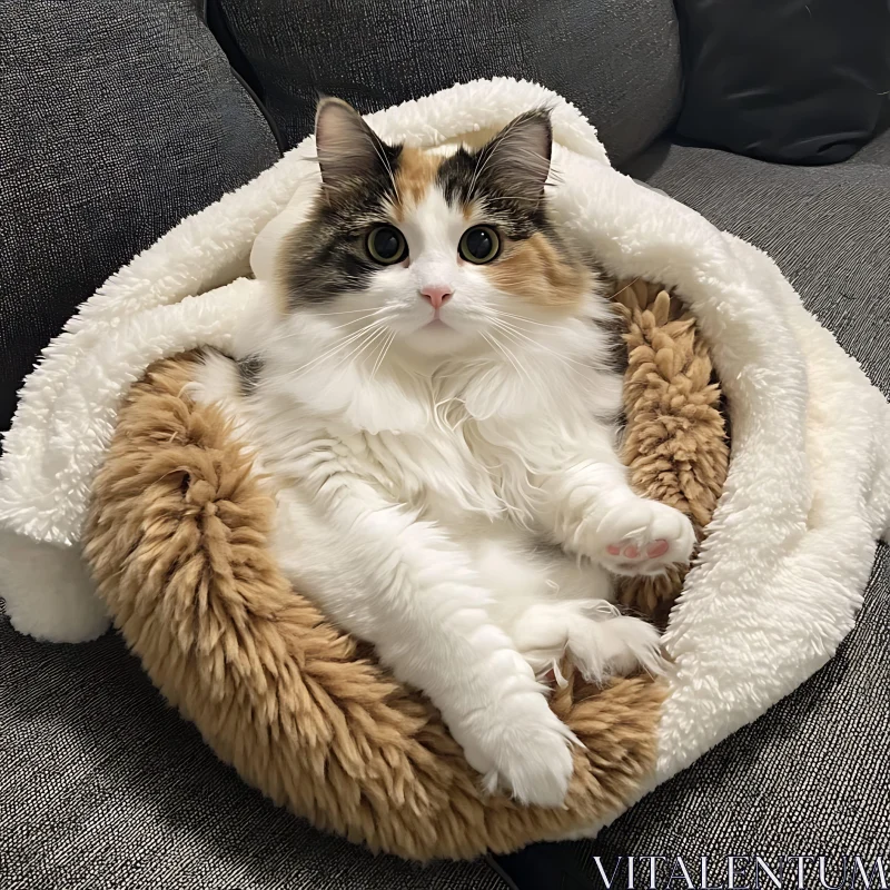 Cozy Calico Cat in Furry Blanket AI Image