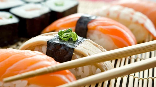 Delicious and Artfully Arranged Sushi on a Bamboo Mat