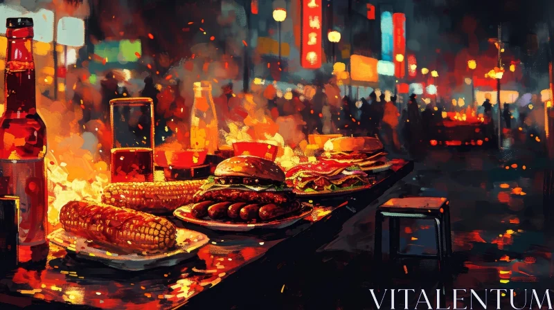 AI ART Delicious Food Still Life: Hamburgers, Sausages, Corn | Night Cityscape Background