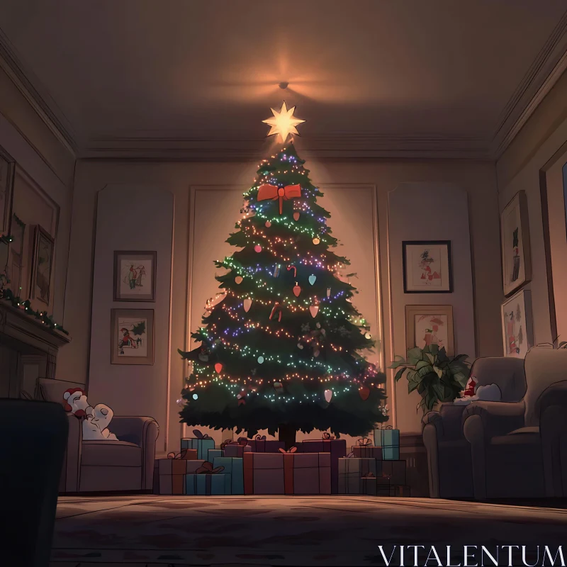 Festive Christmas Tree Decor with Lights and Gifts AI Image