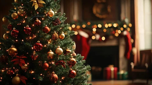 Festively Decorated Christmas Tree and Cozy Fireplace