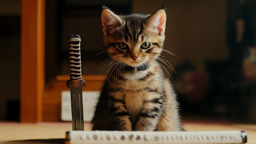 Adorable Kitten with Sword in Japanese Setting