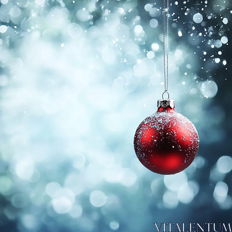 Serene Holiday Red Bauble with Snow Background AI Image