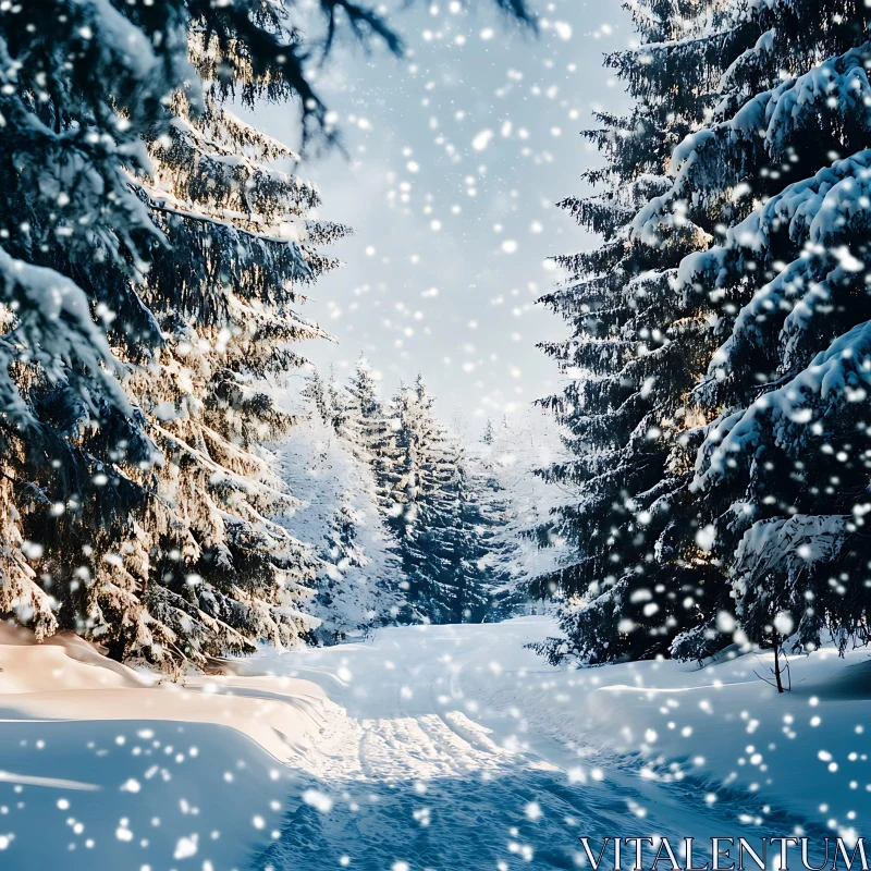 Snowy Forest Trail with Pine Trees AI Image