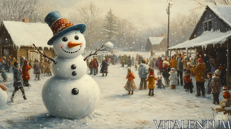 AI ART Village Gathering in Snow with Cheerful Snowman