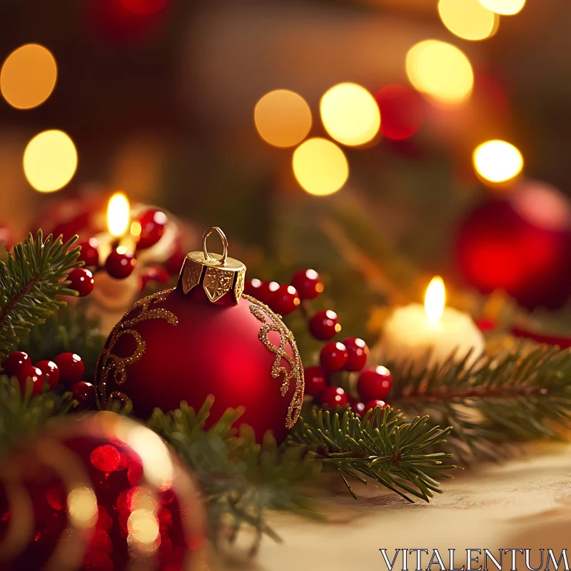 Holiday Decor with Red Ornaments and Candles AI Image