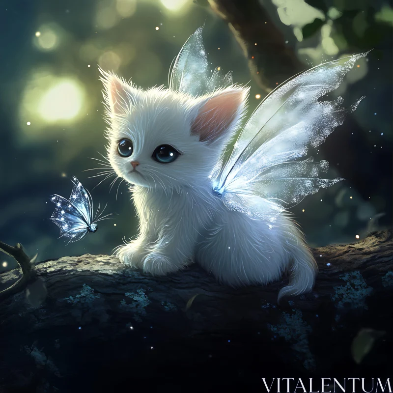 Fantasy Landscape: Fairy Wings Kitten & Glowing Butterfly AI Image