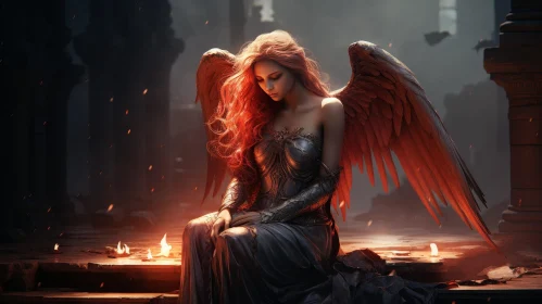 Fantasy Woman with Wings in Ruined Building