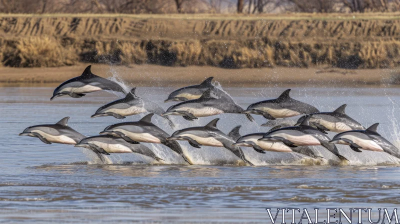 Graceful Dolphin Pod Jumping in Sunlit Waters AI Image