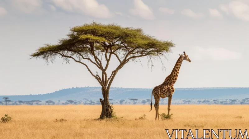 Majestic Giraffe in a Lush Green Field Under a Magnificent Tree AI Image