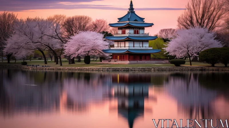 Tranquil Japanese Pagoda and Cherry Blossom Landscape AI Image