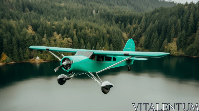 Vintage Green Airplane Flying Over Forest Lake AI Image