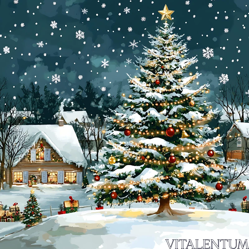 Cozy Village Christmas Tree Under Falling Snow AI Image