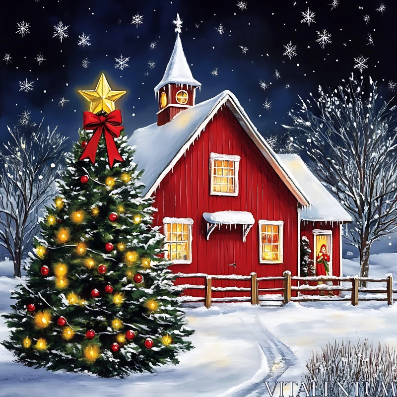 Festive Holiday Scene with Red House and Christmas Tree AI Image