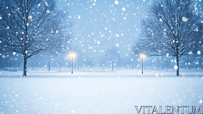 AI ART Tranquil Winter Landscape with Snow-Covered Trees and Street Lamps