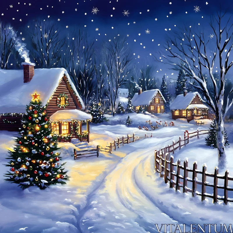 Charming Winter Village Illuminated by Holiday Lights AI Image