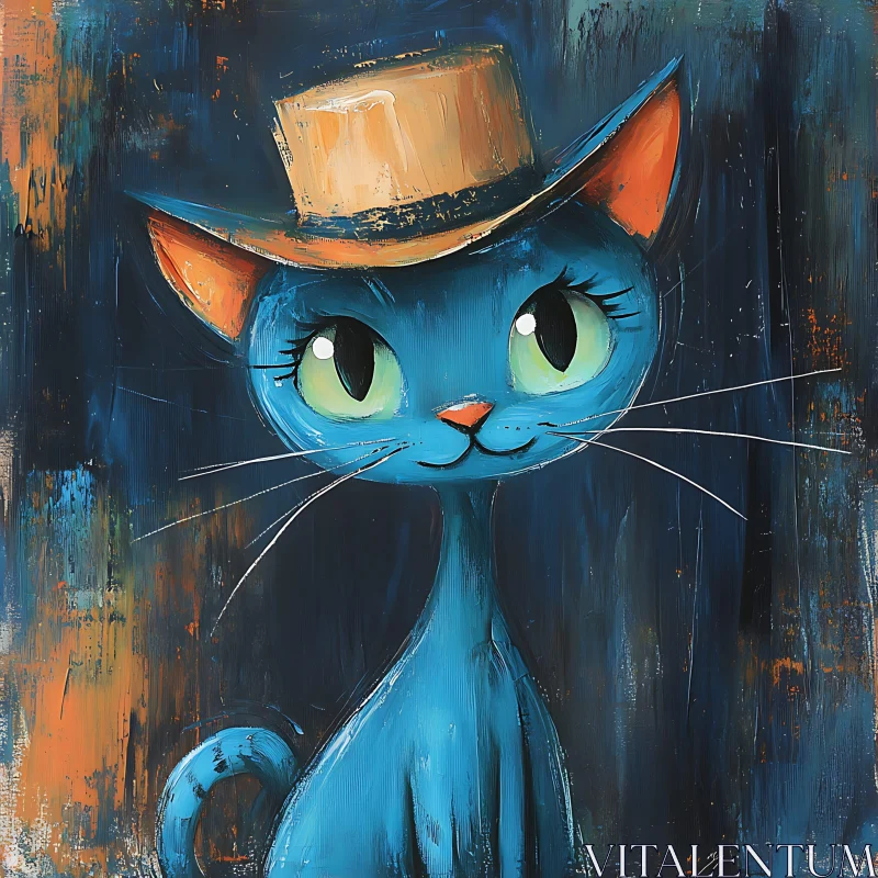 Blue Cat Wearing Hat Art AI Image