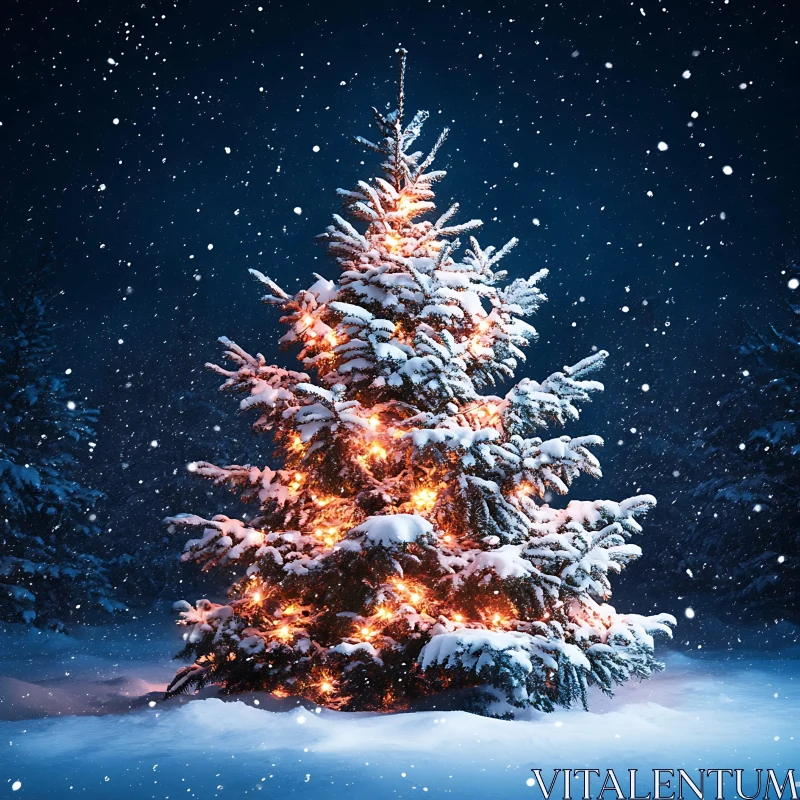 Festive Illuminated Christmas Tree Amidst Falling Snow AI Image