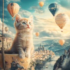 Dreamlike Scene With Kitten and Hot Air Balloons