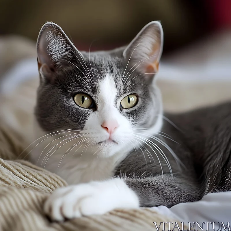 Gray Cat with Striking Green Eyes Resting AI Image