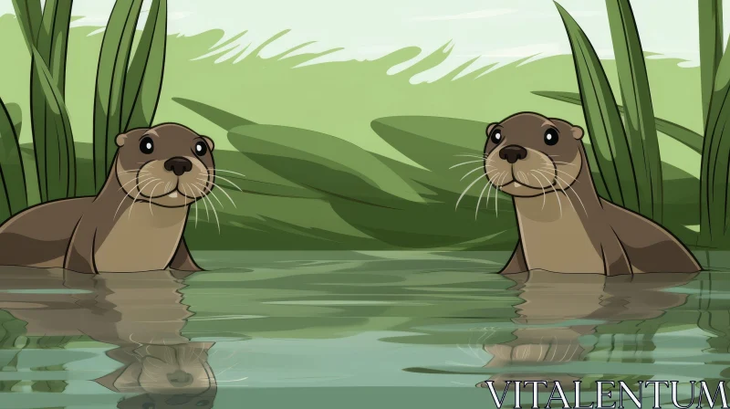 Adorable Cartoon Otters in Nature - Artwork AI Image