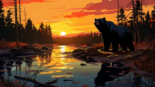 Bear at Riverside Sunset: Bold Graphic Illustration in Wilderness