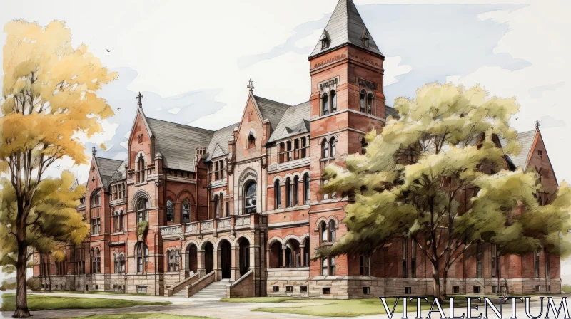 Beautiful Watercolor Painting of a Red Brick Building AI Image