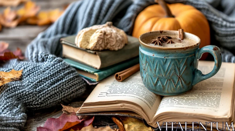 AI ART Coffee with Anise on Autumn Leaves and Books - Rustic Still Life