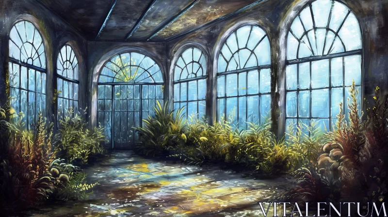 Enchanting Digital Painting of a Dilapidated Greenhouse AI Image