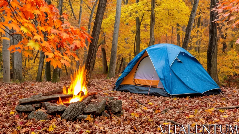 Enchanting Forest Scene with Blue Tent and Campfire AI Image