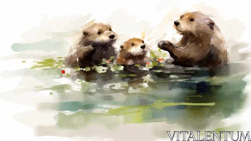Enchanting Watercolor Painting of Three Otters in a Serene Setting AI Image