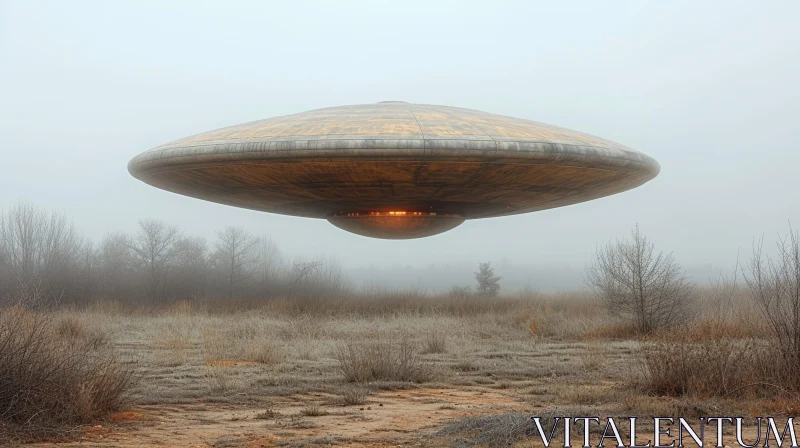 Enigmatic Flying Saucer in Misty Field AI Image