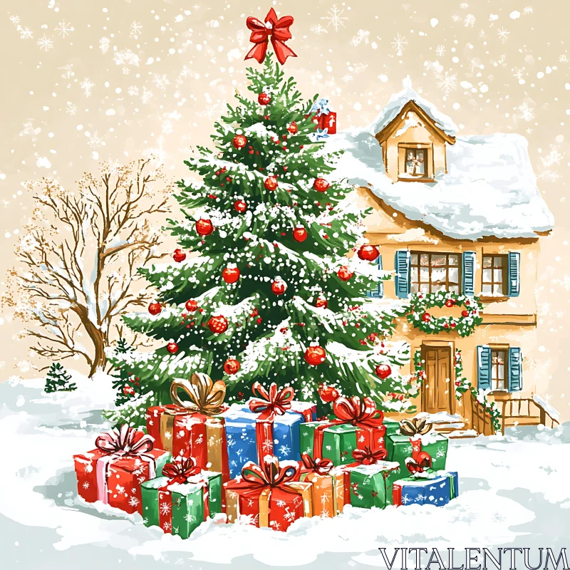 Snowy Christmas Tree with Presents and Cozy House AI Image