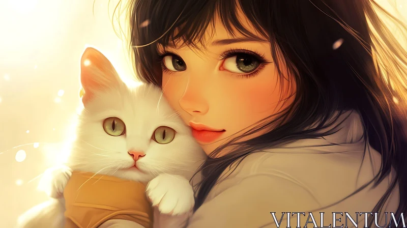 Anime Art: Girl and White Cat AI Image