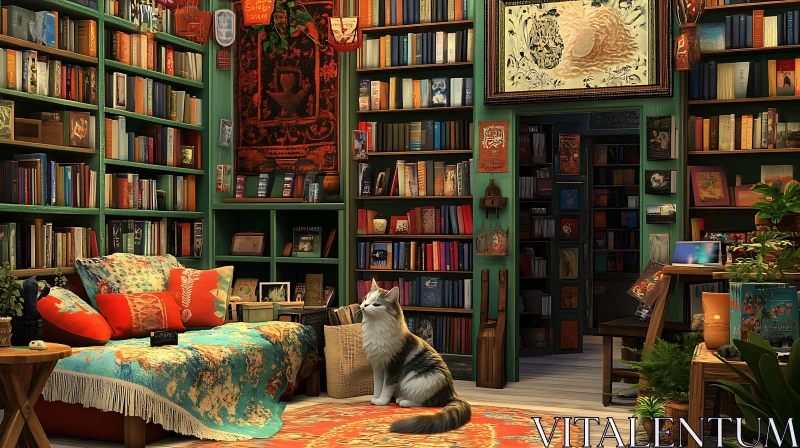 AI ART Comfortable Home Library with Cat and Books