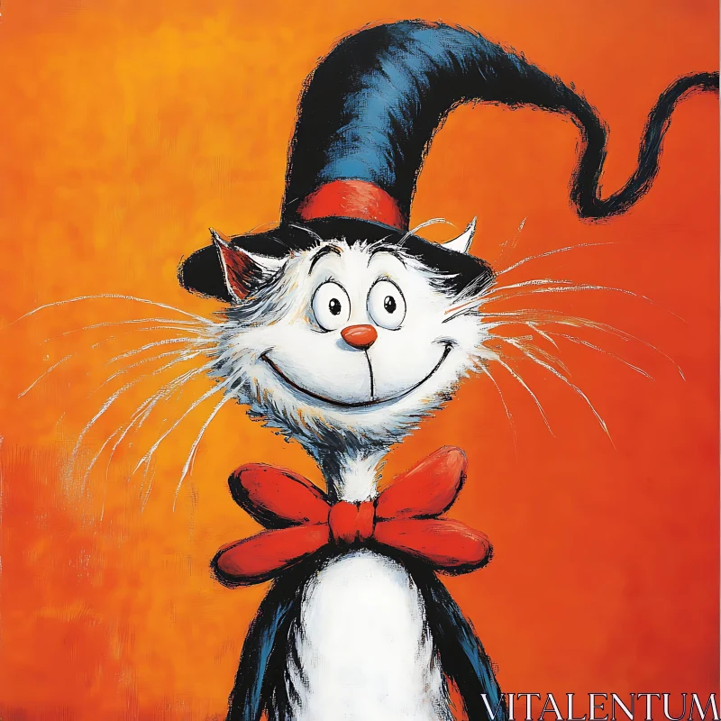 Smiling Cat in Hat Illustration AI Image