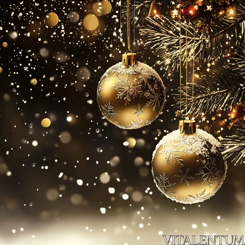 Festive Golden Snowflake Ornaments and Snowy Christmas Scene AI Image