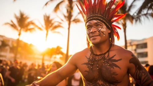 Feathered Man at Sunset: Vibrant Aztec Art Inspired Festival Dance