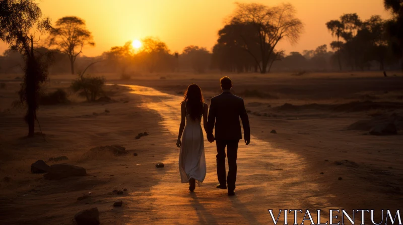 Romantic Couple's Sunset Stroll - A Moment Captured in Time AI Image