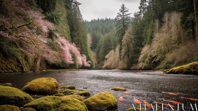 Serene Landscape: River Flowing Through Forest AI Image