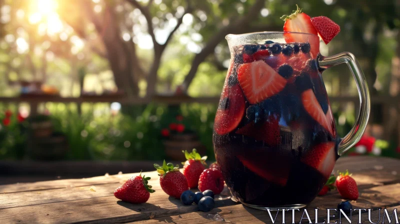 Still Life Photography: Transparent Jug of Red Wine with Strawberries and Blueberries AI Image