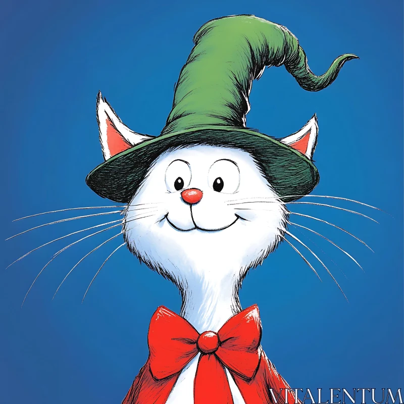 Smiling White Cat in Green Hat and Red Bow - Cartoon Art AI Image