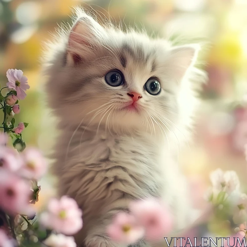 Cute Kitten with Blue Eyes and Soft Grey Fur Surrounded by Flowers AI Image