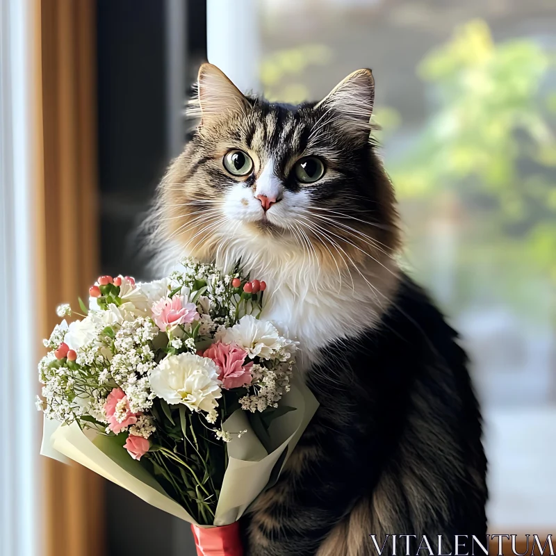 Indoor Cat with Green Eyes and Flower Bouquet AI Image