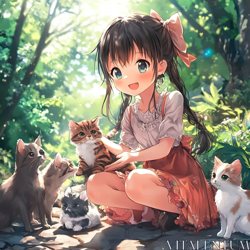 Anime Girl and Cats in Enchanted Forest AI Image